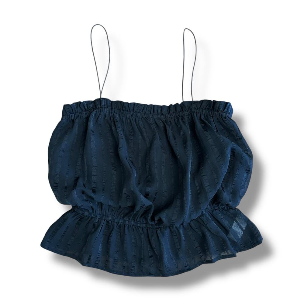 Lulus Black Peplum Cami Top Women’s Small Textured Sheer Stripe Ruffle‎ Hem